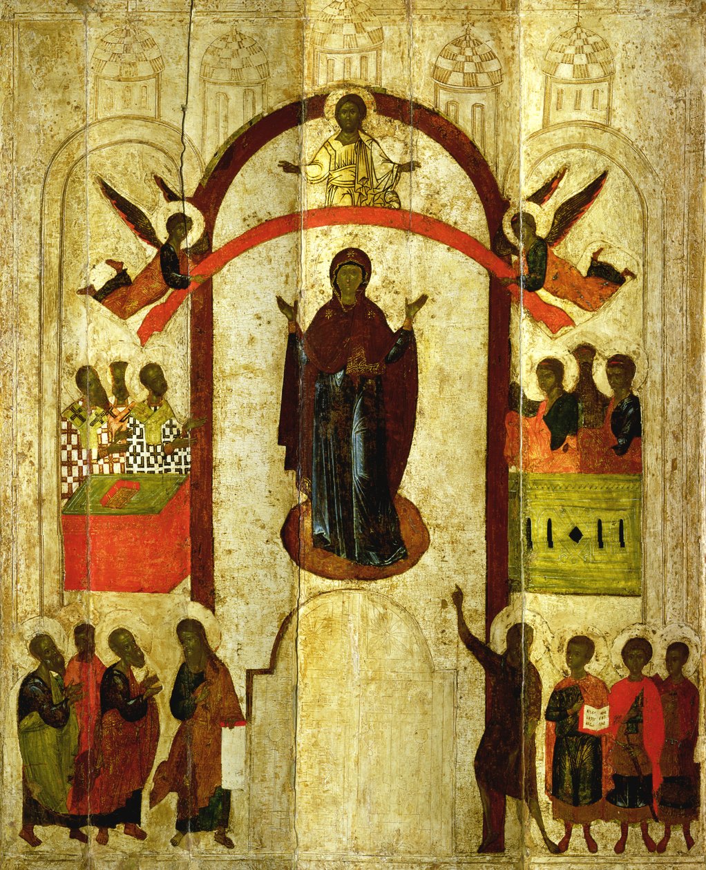 保护Theotokos（上帝的母亲）俄罗斯图标从Zverin修道院，1399（面板上的蛋彩画） 作者 诺夫哥罗德学校