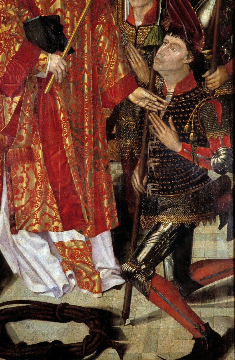 Saint Vincent, patron of Lisbon Polyptych of Saint Vincent of Zaragoza surrounded by eveques knights. Detail. Painting attributed to Nuno Goncalves or Gonzalvez (15th century) National Museum of Ancient Art, Lisbon. 作者 努诺·贡萨尔维斯（Nuno Goncalves）或冈萨维斯（Gonzalvez）