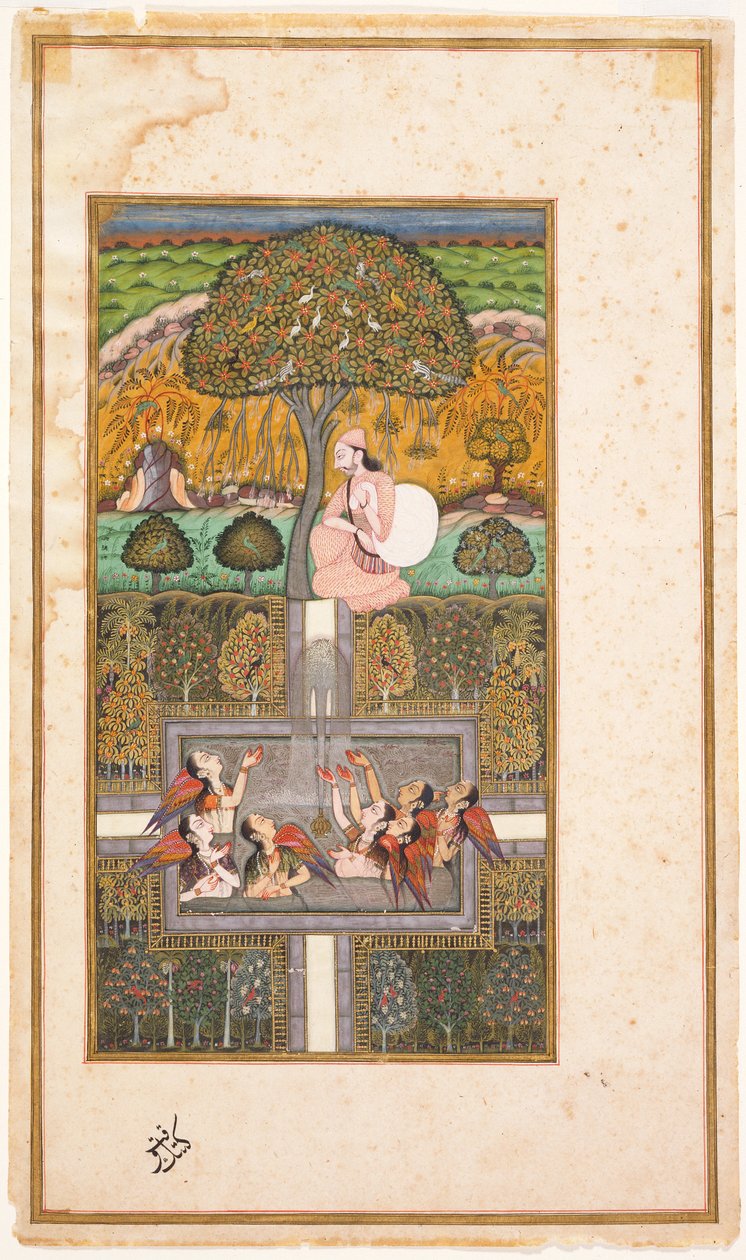 Raja Bikram和天使，来自Gulsham-i-Ishq的插图，c.1700（wc with gold in paper） 作者 比贾布尔的努斯拉蒂