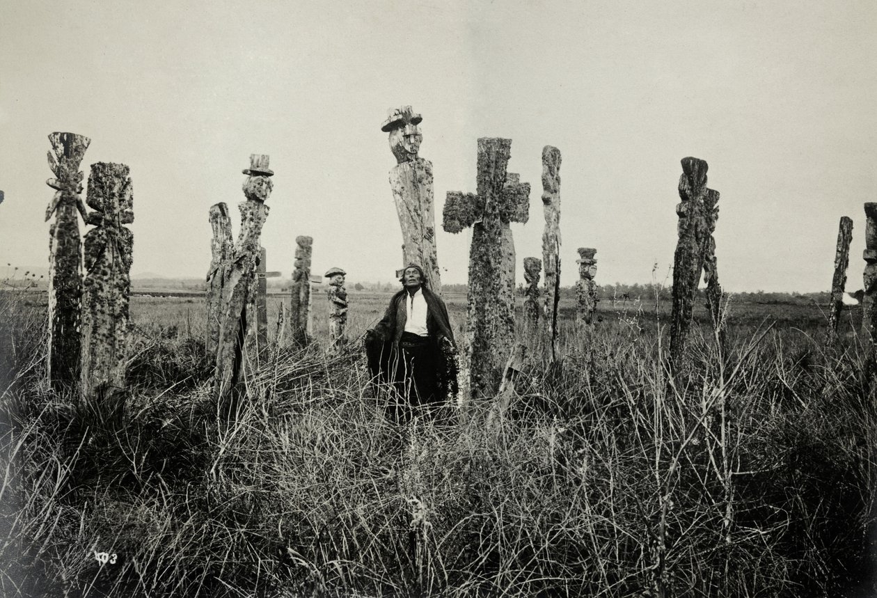 在智利Araucano的cemeterium祈祷（明胶银印） 作者 或W. Heffer