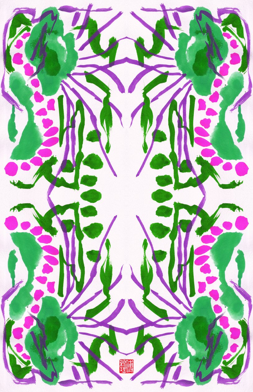 孔雀绿粉色花卉图案，2023（纸上水粉画，数字） 作者 傅维仪
