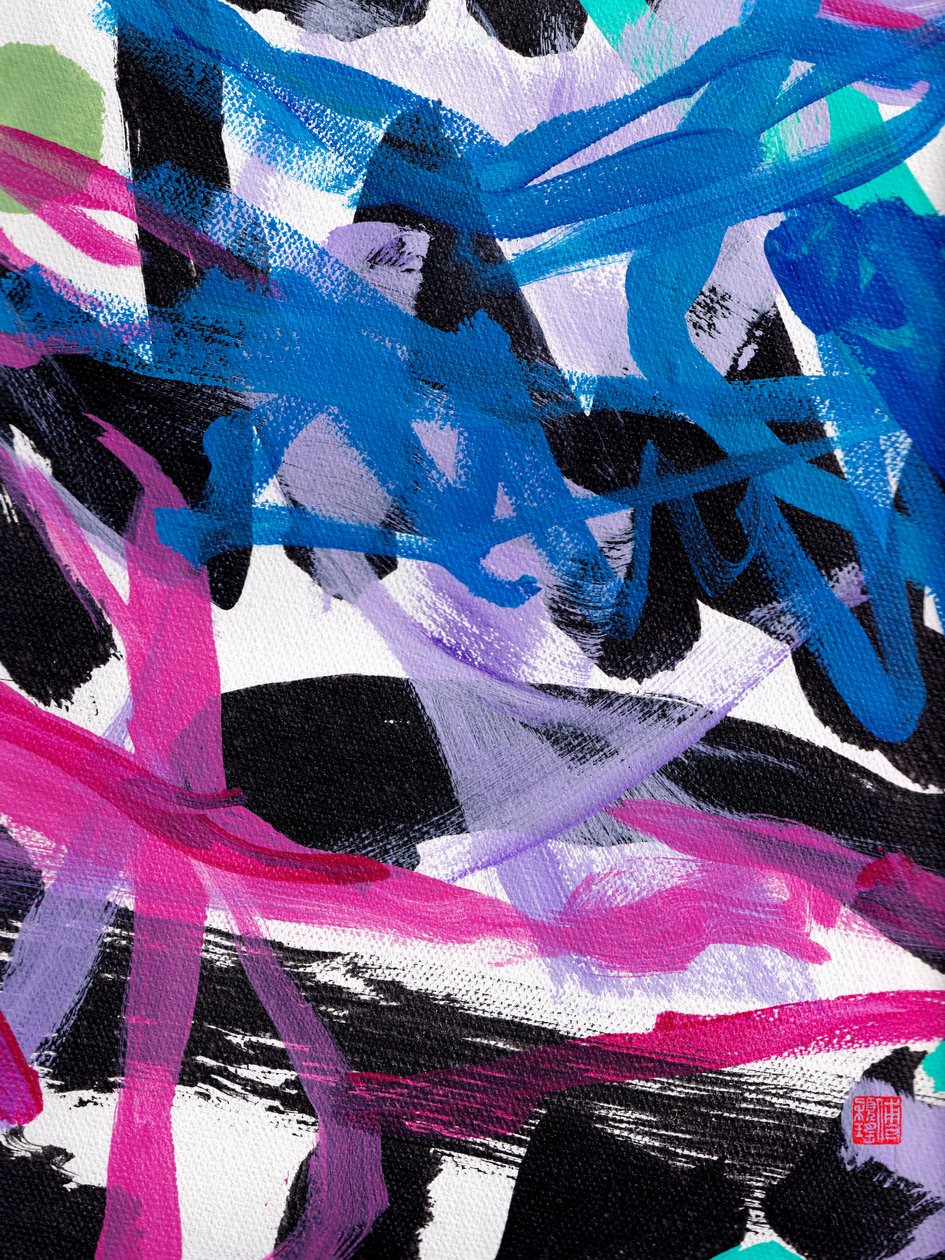 禅蓝笔触抽象画，2023 年（丙烯酸画布） 作者 傅维仪
