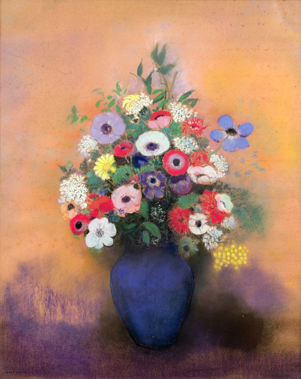 1912年后，蓝色花瓶中的海葵和丁香（粉彩） 作者 奥迪隆·雷顿（Odilon Redon）