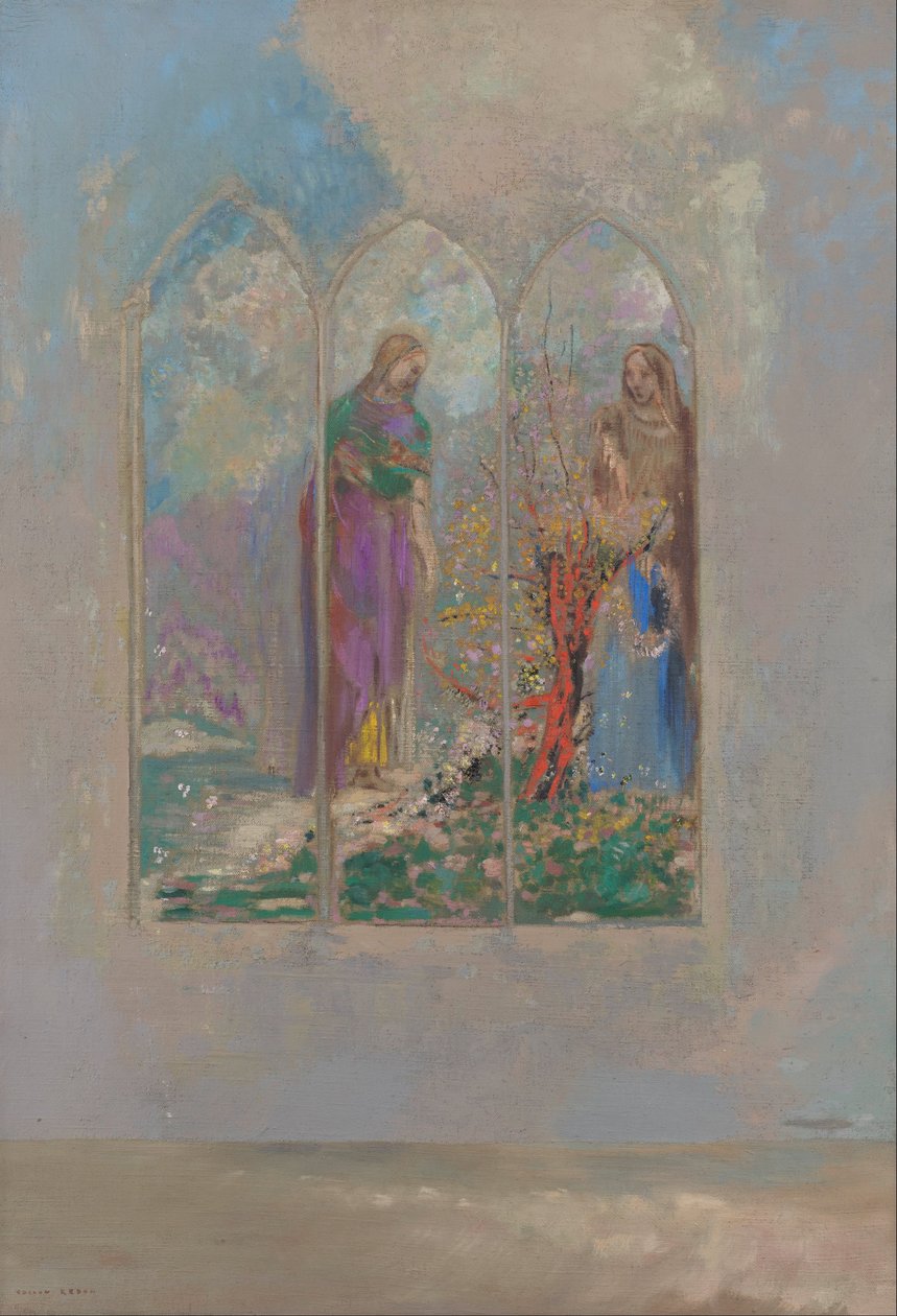 在红色灌木附近的虔诚 作者 奥迪隆·雷顿（Odilon Redon）