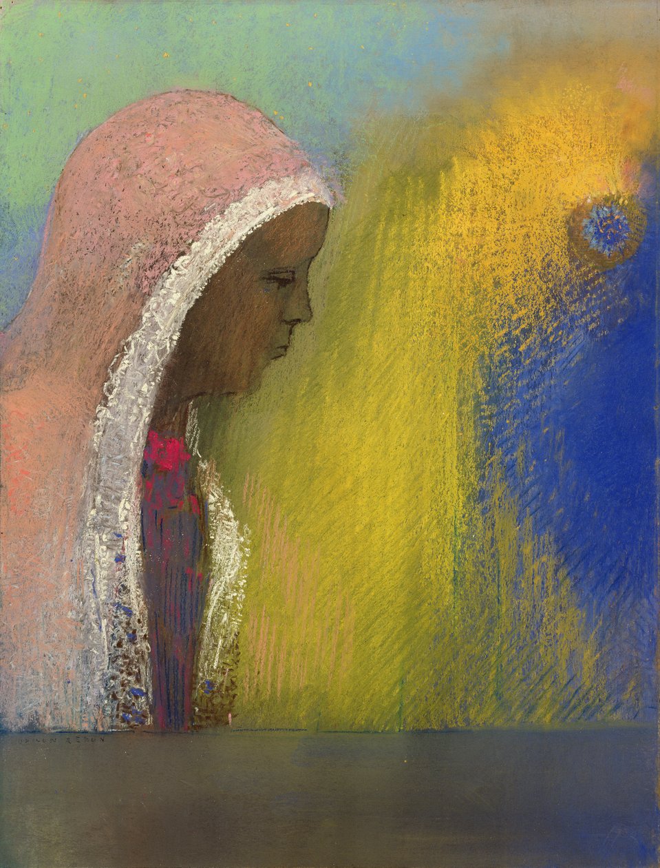 粉红色面纱的女人肖像，1885年（纸上粉彩） 作者 奥迪隆·雷顿（Odilon Redon）