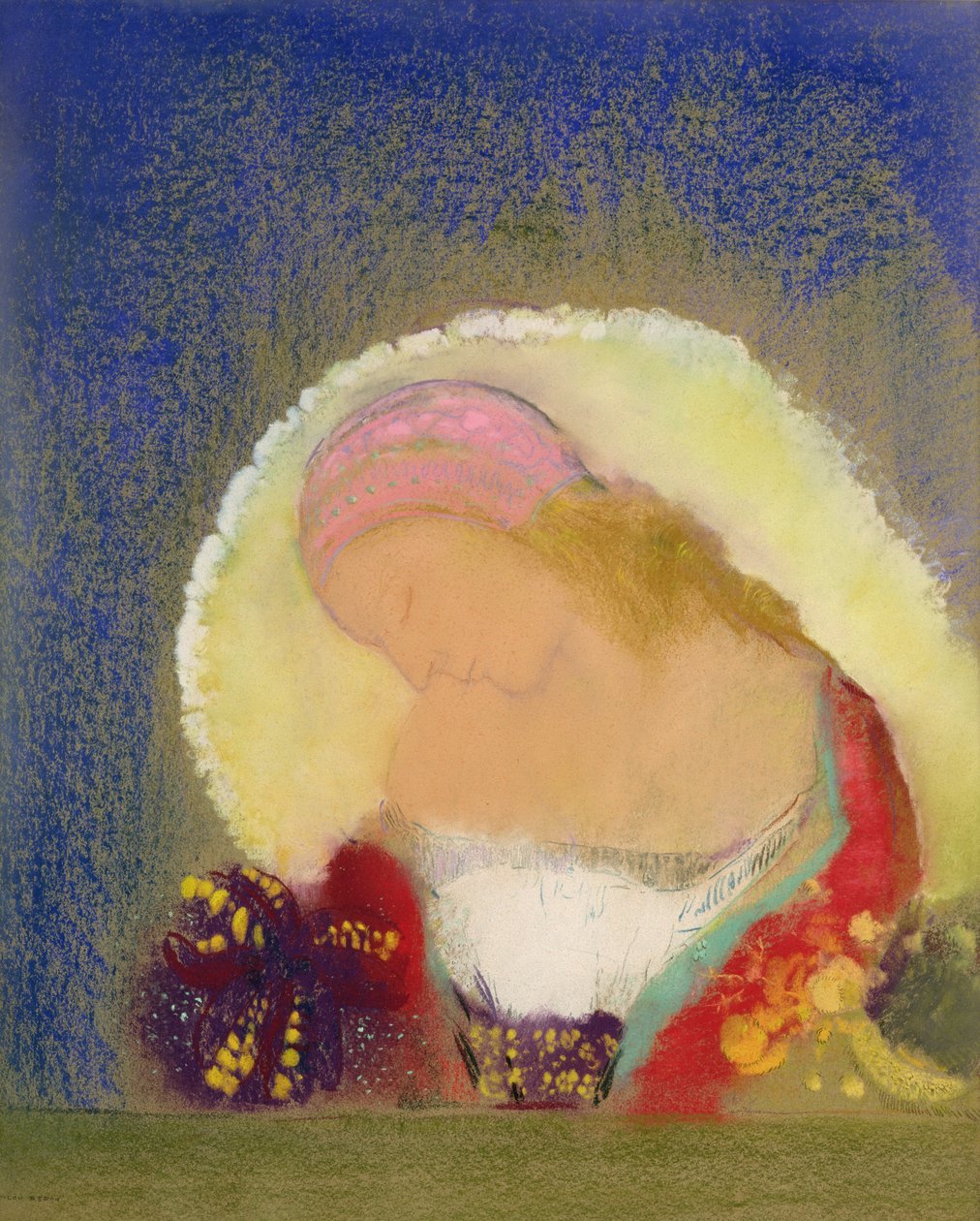 一个女孩用鲜花的配置文件，c.1900（粉彩在纸上） 作者 奥迪隆·雷顿（Odilon Redon）