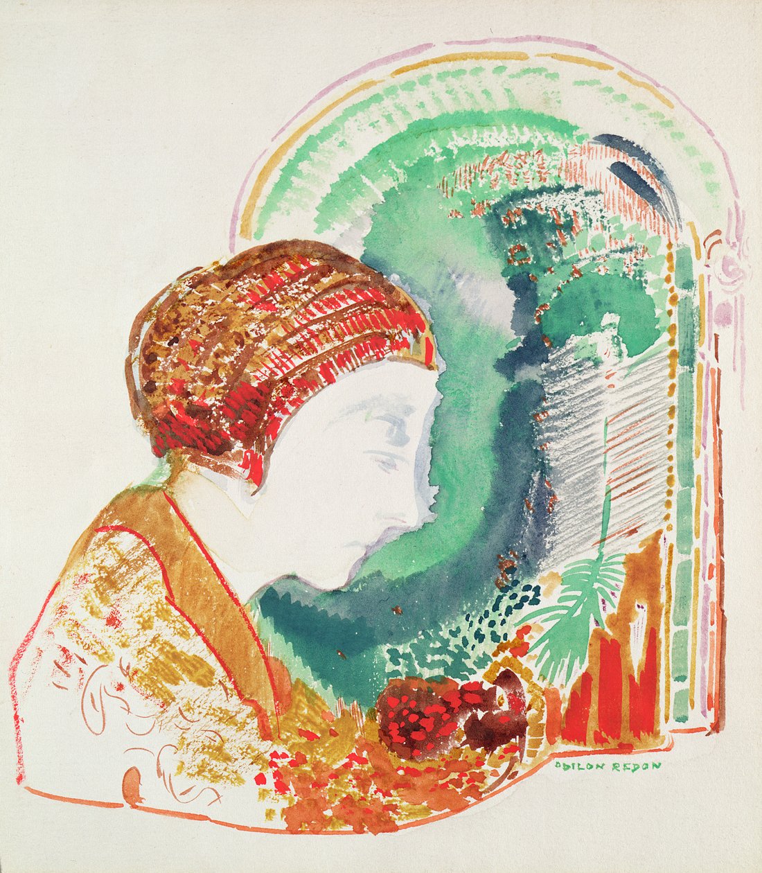 一个年轻女孩的配置文件 作者 奥迪隆·雷顿（Odilon Redon）