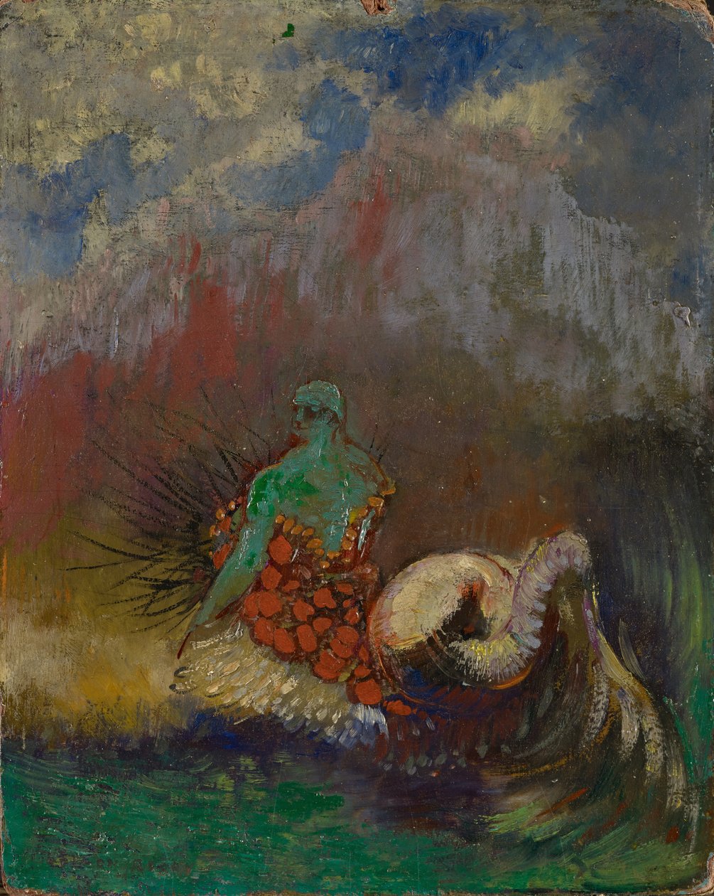 Siren，c.1900（纤维板上的油和金粉） 作者 奥迪隆·雷顿（Odilon Redon）