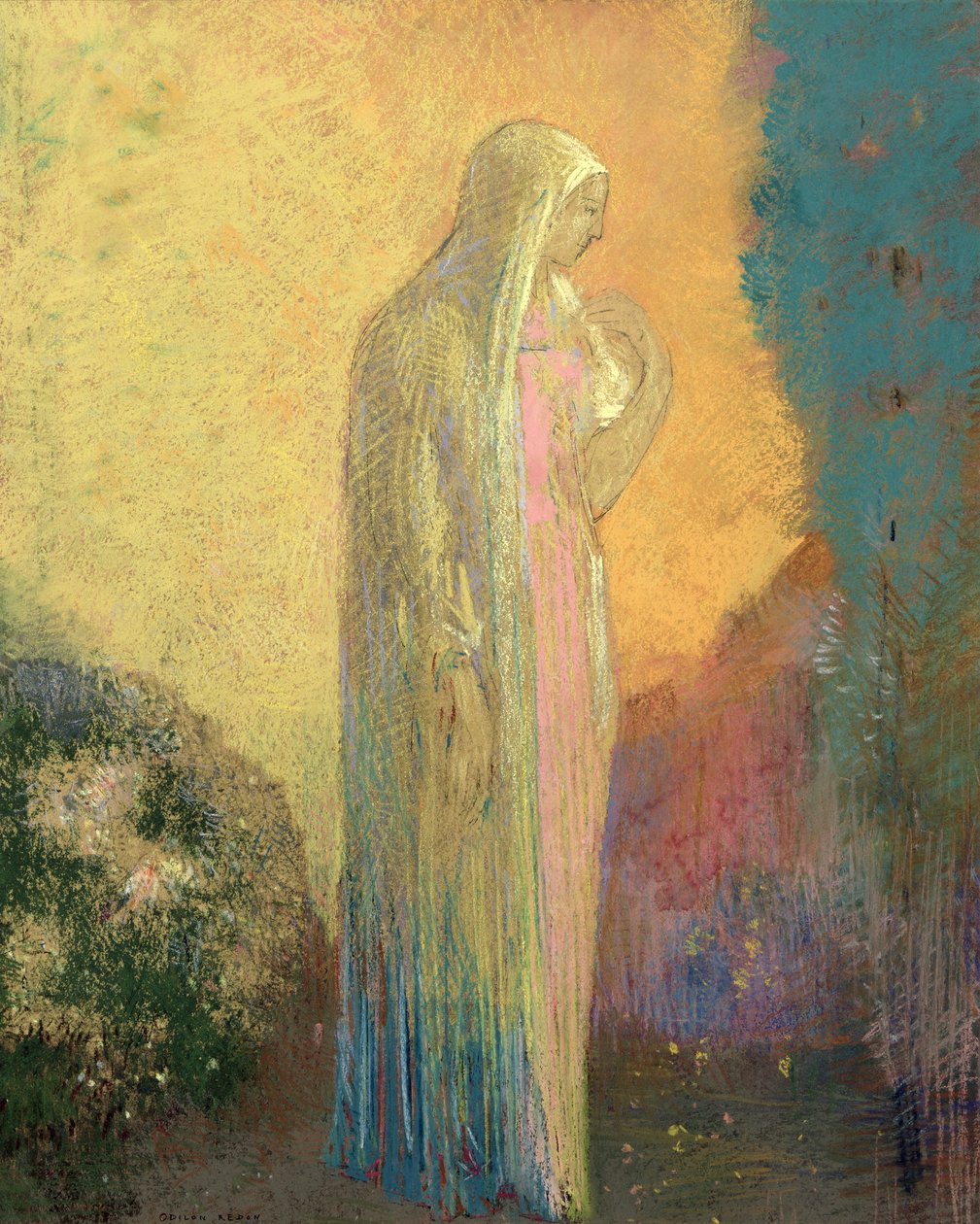 站在蒙着面纱的女人（纸上粉彩） 作者 奥迪隆·雷顿（Odilon Redon）