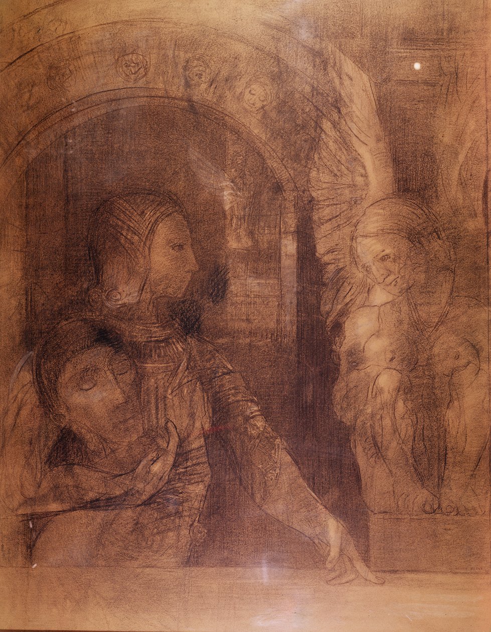 神秘的骑士或狮身人面像，1890年（木炭） 作者 奥迪隆·雷顿（Odilon Redon）