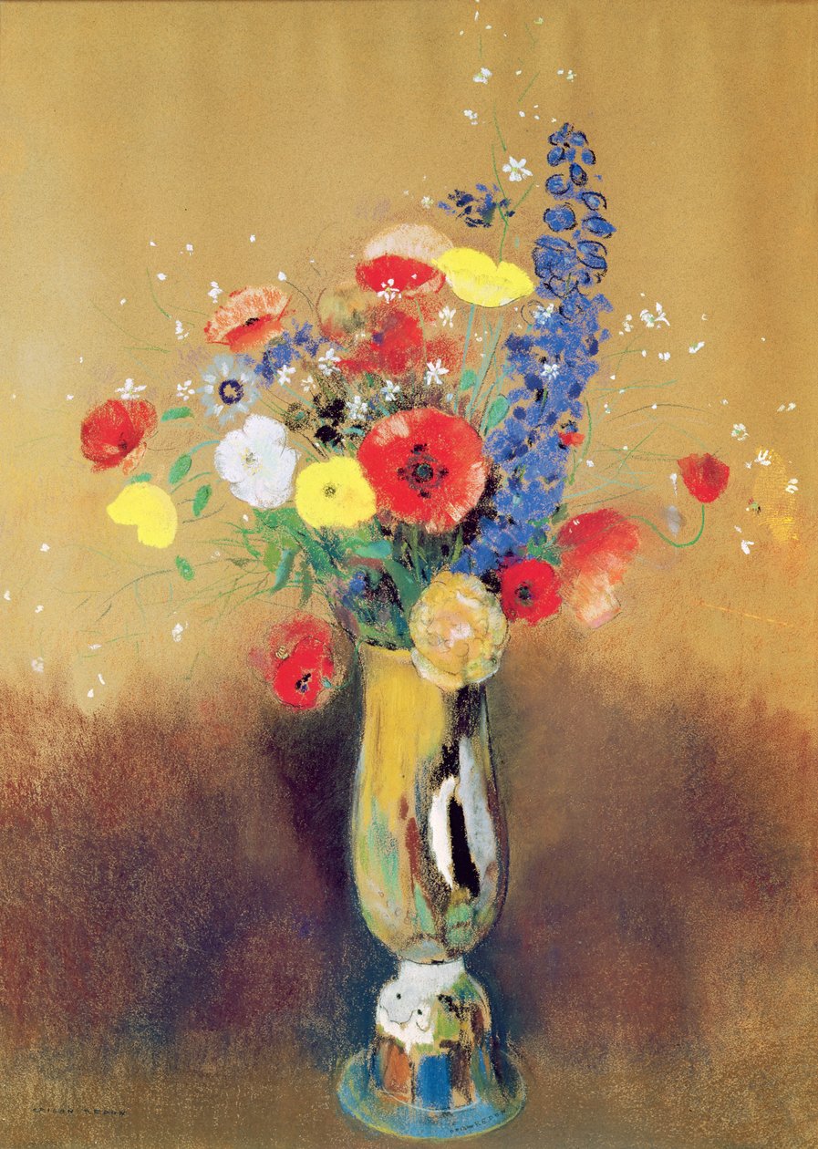 长颈花瓶中的野花，c.1912（纸上粉彩） 作者 奥迪隆·雷顿（Odilon Redon）