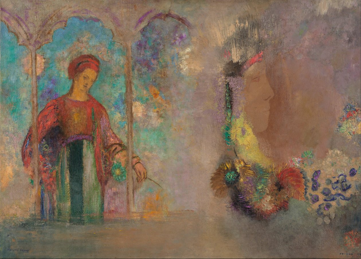 一个哥特式拱廊妇女的妇女有花的 作者 奥迪隆·雷顿（Odilon Redon）