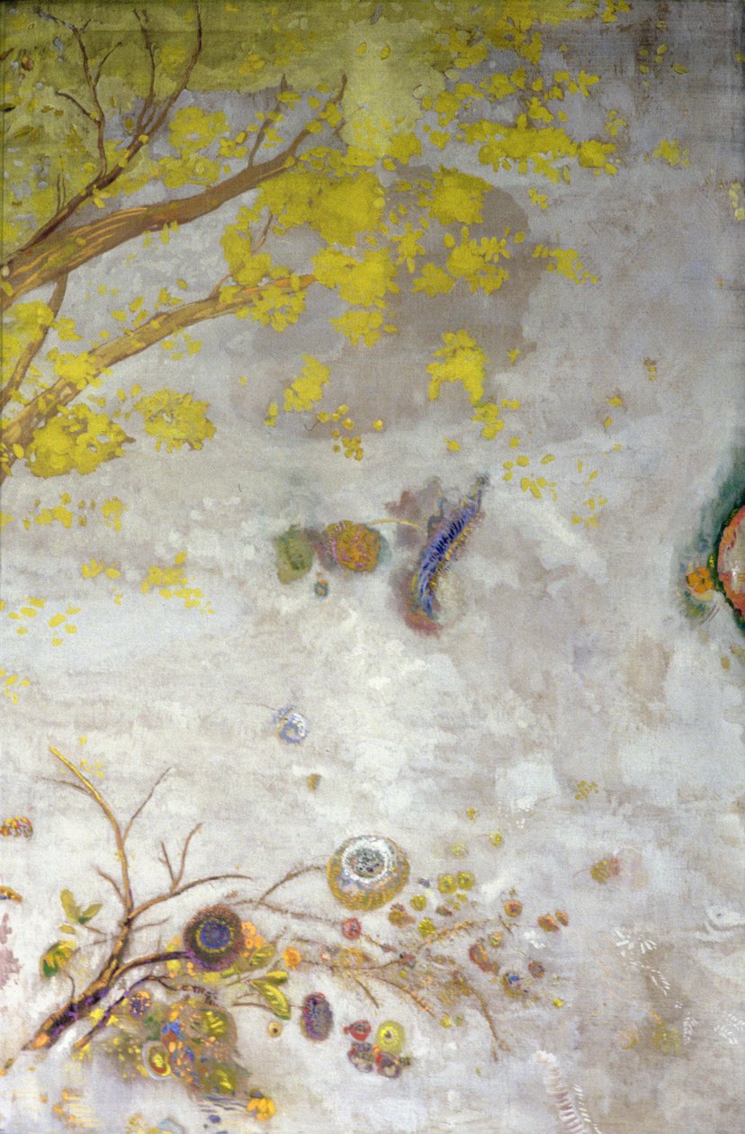 黄色开花分支，屏幕的一部分，1901年 作者 奥迪隆·雷顿（Odilon Redon）