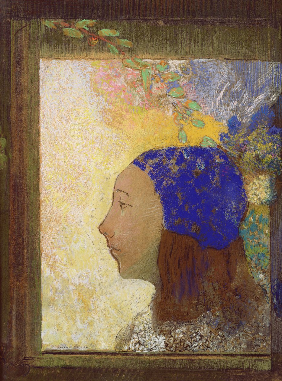 1890年后的蓝色帽子的年轻女孩（纸上粉彩） 作者 奥迪隆·雷顿（Odilon Redon）