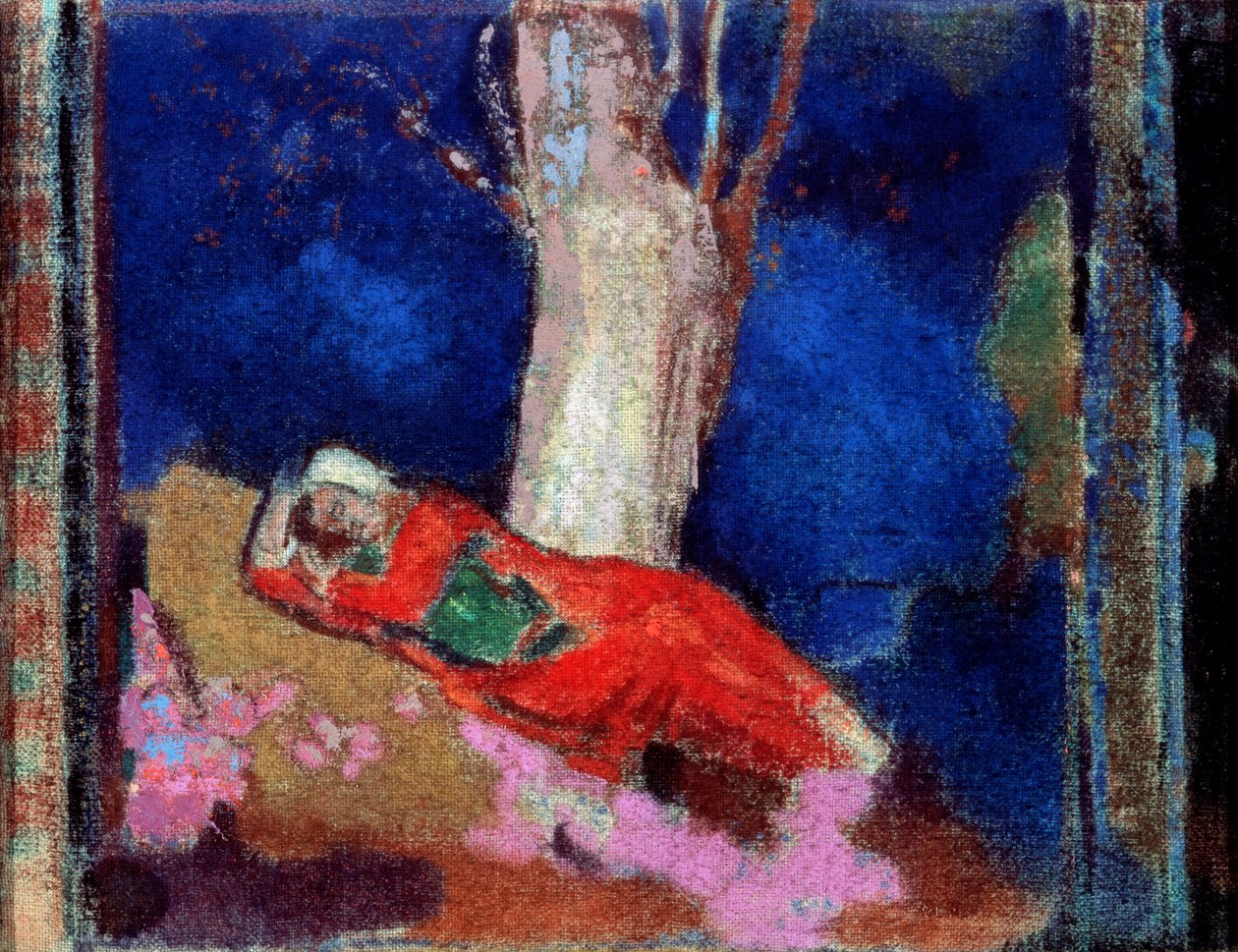 19世纪或20世纪初，躺在树下的女人。 作者 奥迪隆·雷顿（Odilon Redon）