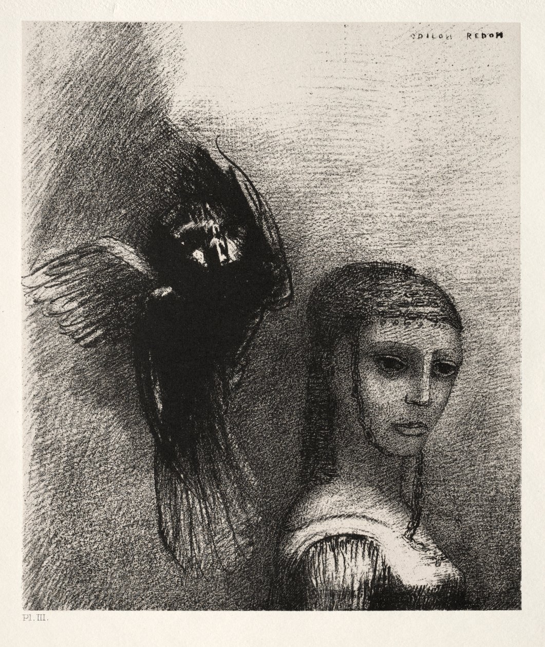 一只大鸟从天而降，扑向她头发的最顶端 作者 奥迪隆·雷顿（Odilon Redon）
