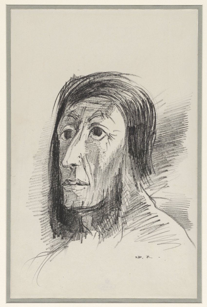 黑发环绕头部，睁大眼睛 作者 奥迪隆·雷顿（Odilon Redon）