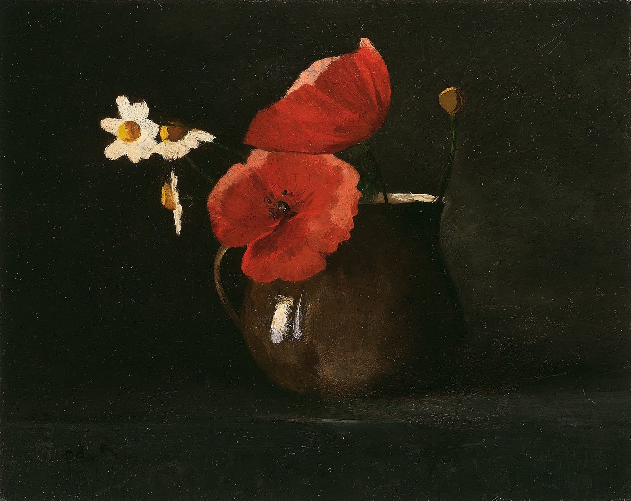 花朵罂粟花和雏菊，约 1867 年（纸板油画） 作者 奥迪隆·雷顿（Odilon Redon）