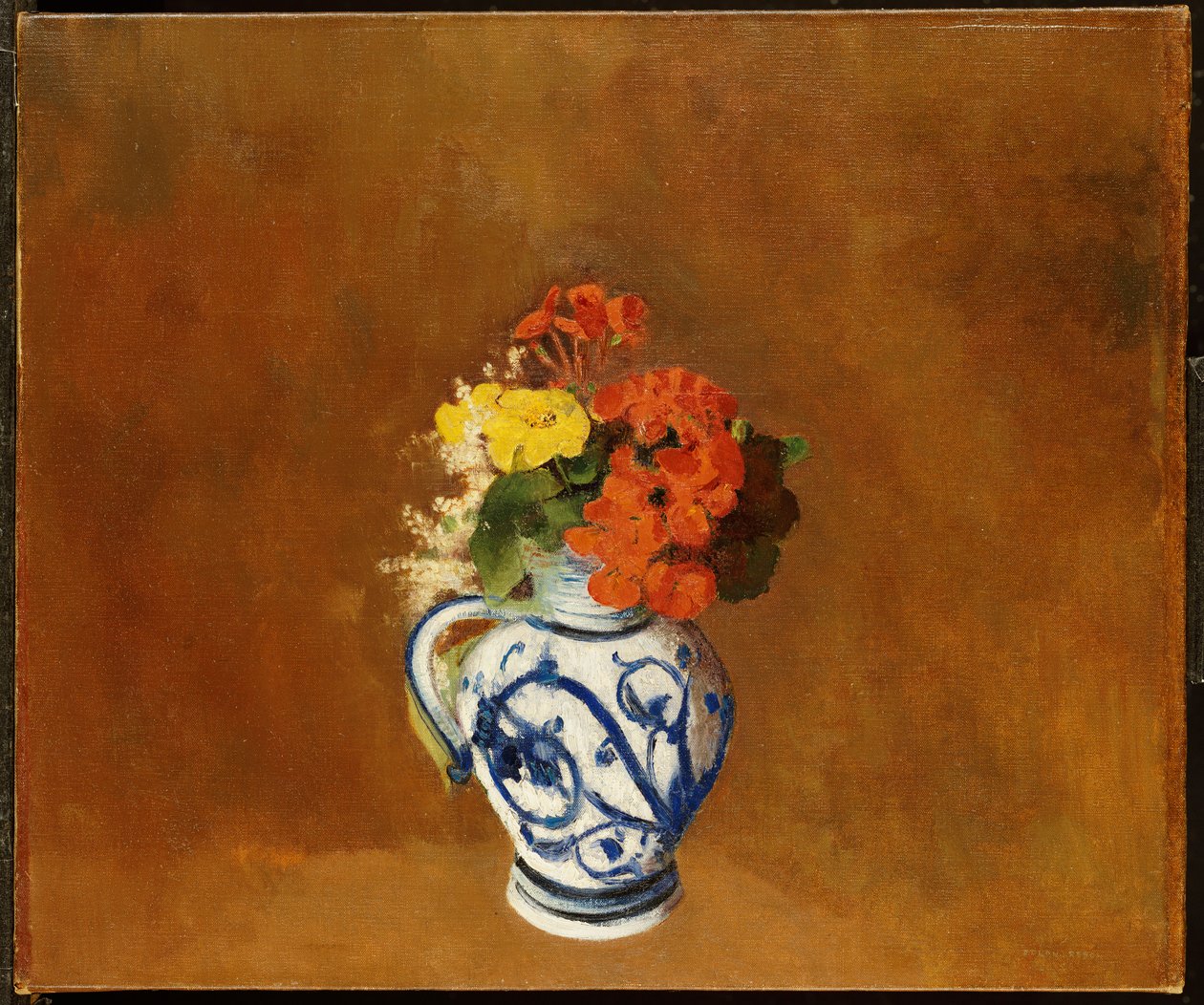 陶器花瓶里的天竺葵和其他花朵 作者 奥迪隆·雷顿（Odilon Redon）