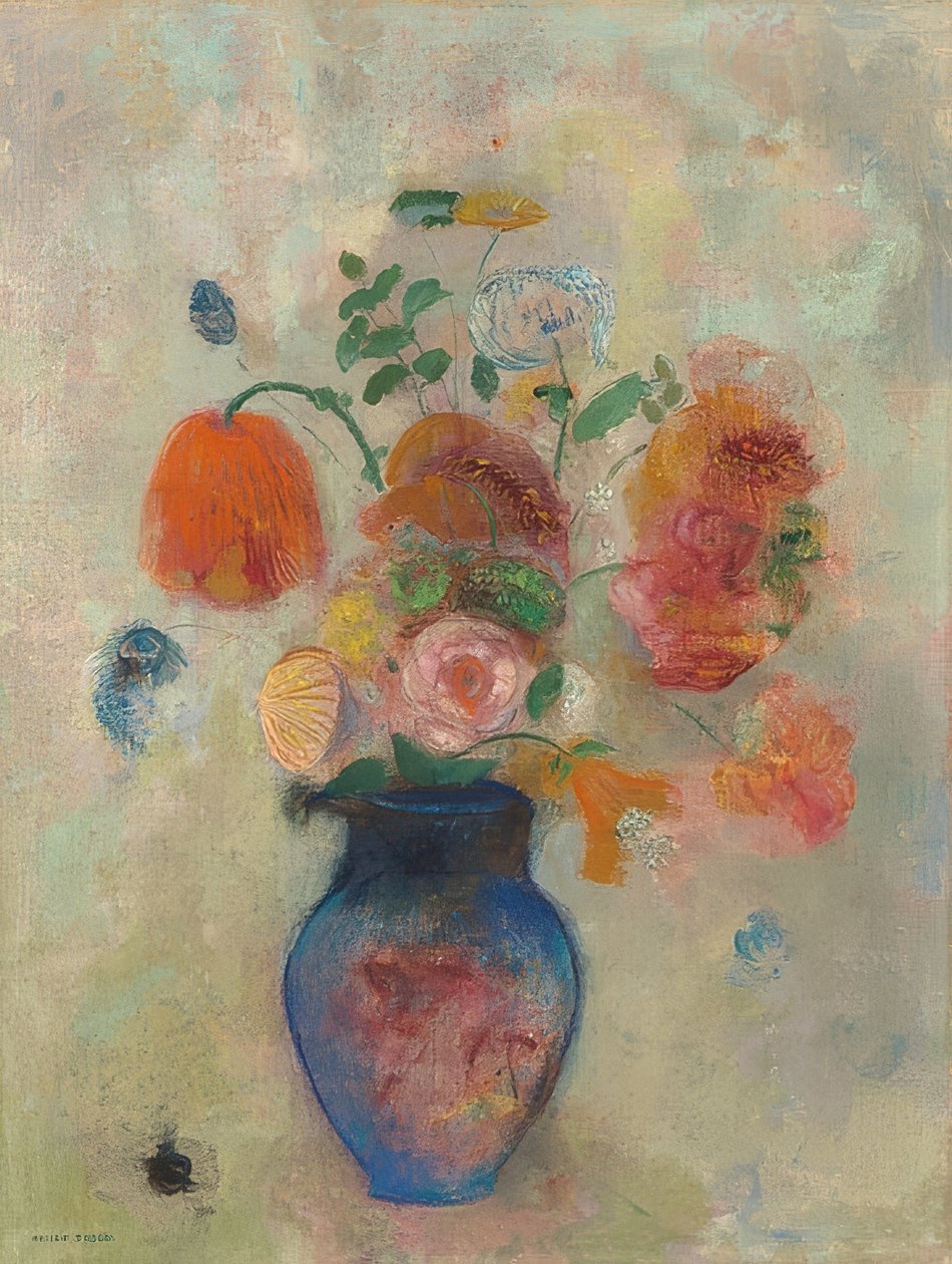 有花的大花瓶。约于1912年 作者 奥迪隆·雷顿（Odilon Redon）