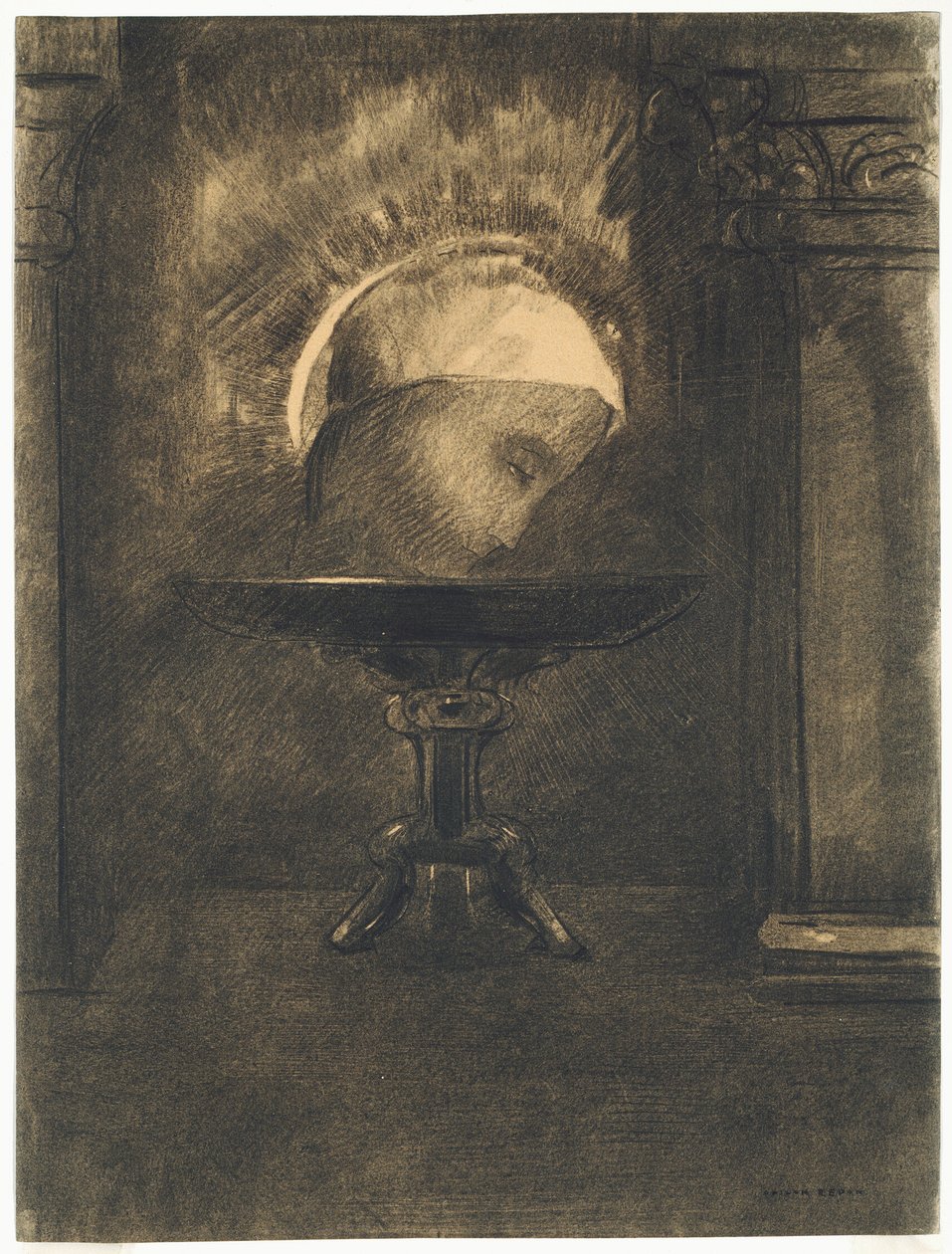 头戴弗里吉亚帽的头像，置于高脚杯上 作者 奥迪隆·雷顿（Odilon Redon）