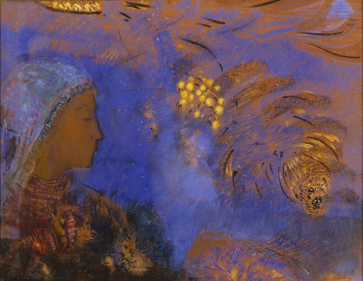 一个女人的头（棕色纸上的粉彩） 作者 奥迪隆·雷顿（Odilon Redon）