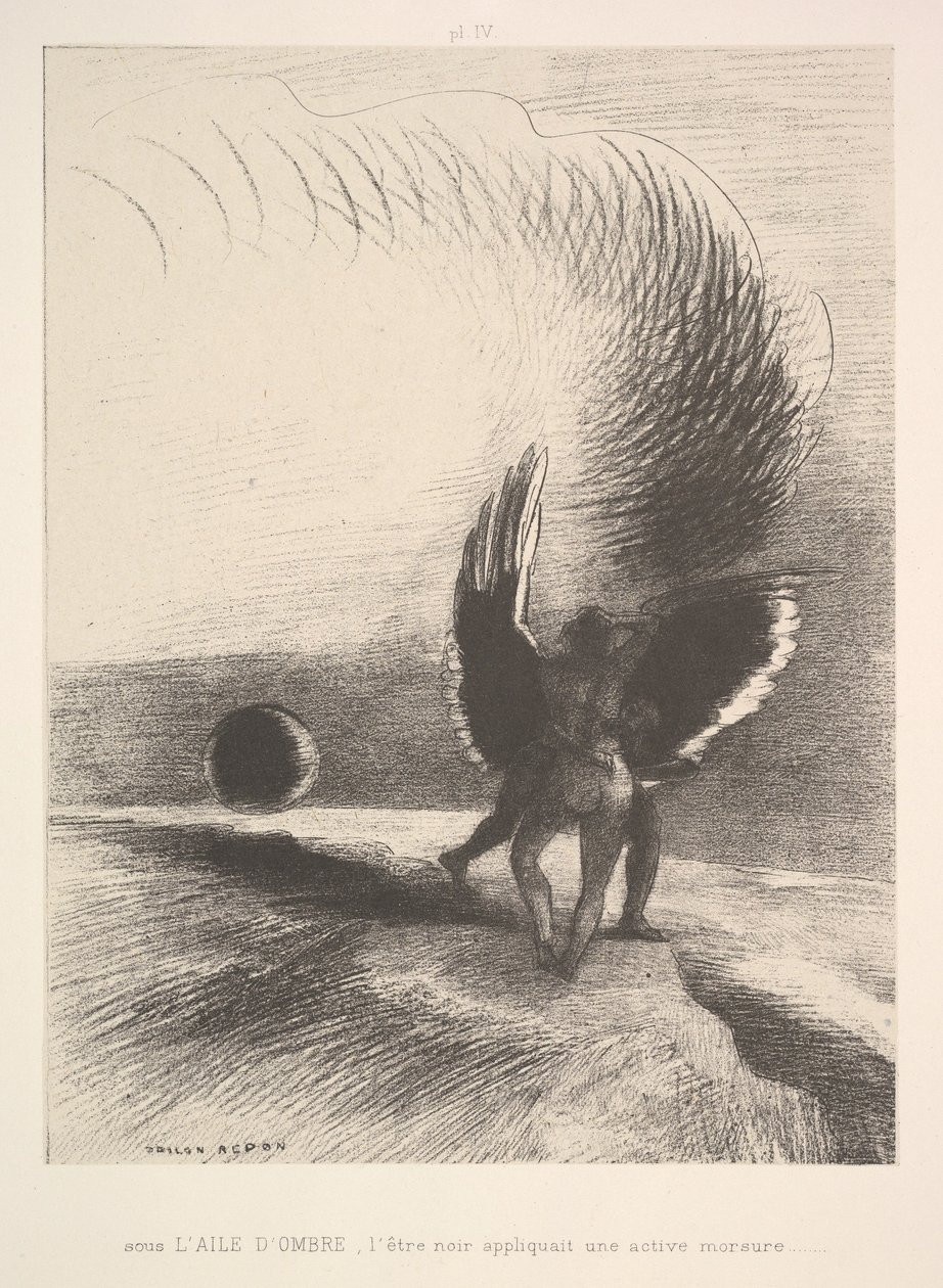黑色的生物在机翼的阴影下，1891年。 作者 奥迪隆·雷顿（Odilon Redon）