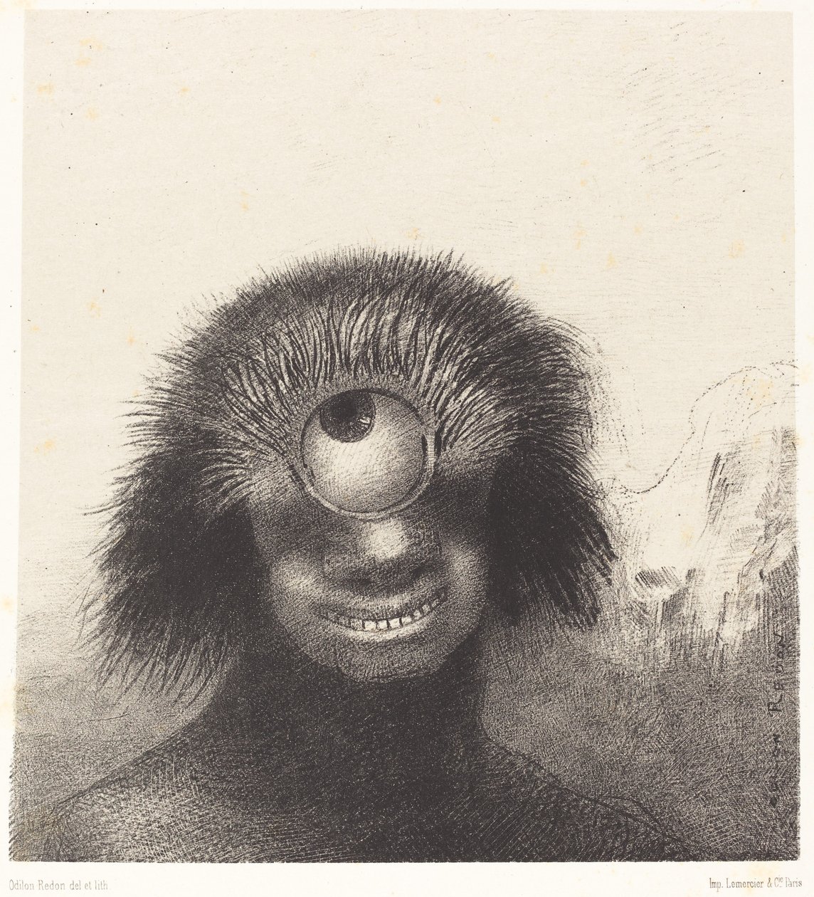 Le Polype difforme flottait sur les rivers, sorte de cyclope souriant et hideux（畸形的息肉漂浮在岸边，像一个微笑而狰狞的独眼巨人） 作者 奥迪隆·雷顿（Odilon Redon）