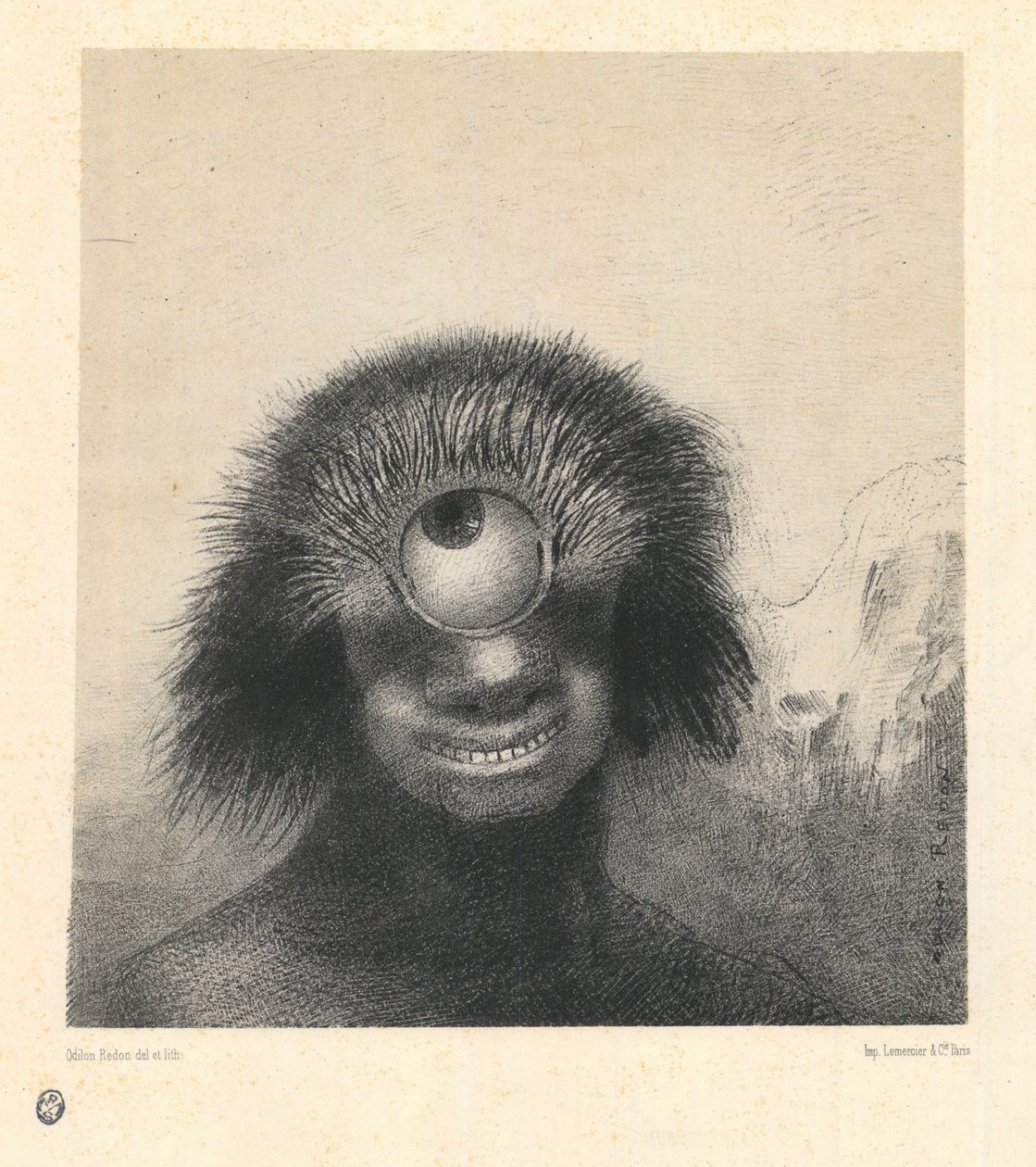 Le polype difforme flottait sur les rivages, sorte de cyclope souriant et hideux - 错位的多角体漂浮在海岸上，是一种微笑的和隐藏的独眼巨人。选自雷东（Odilon）的《起源》系列。石版画，尺寸：21,4x19,9 作者 奥迪隆·雷顿（Odilon Redon）