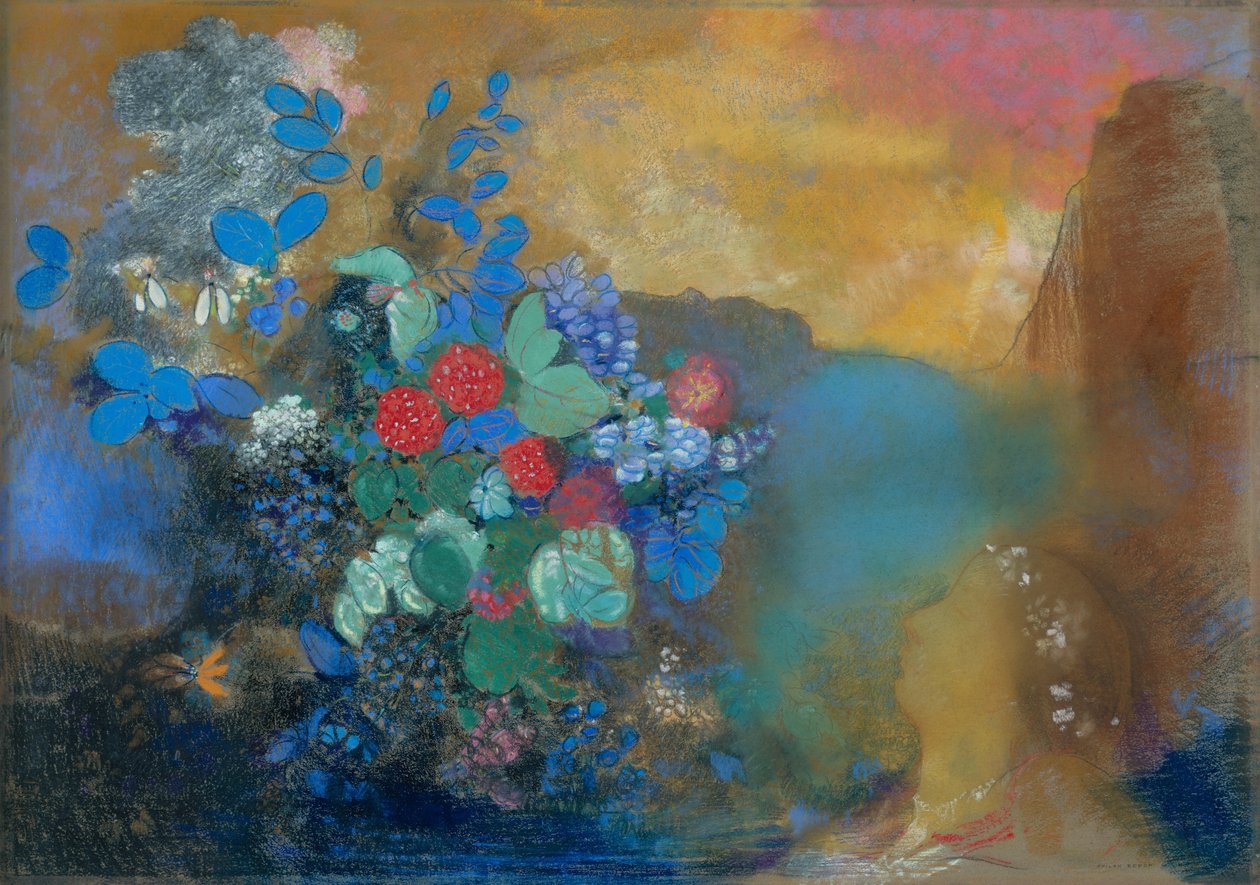 花间的奥菲利亚，约1905-8年（纸上的粉彩） 作者 奥迪隆·雷顿（Odilon Redon）