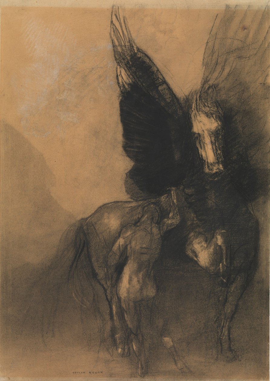 Pegasus和Bellerophon，c.1888（木炭，水洗，白色粉笔和粉笔涂抹蜡笔） 作者 奥迪隆·雷顿（Odilon Redon）
