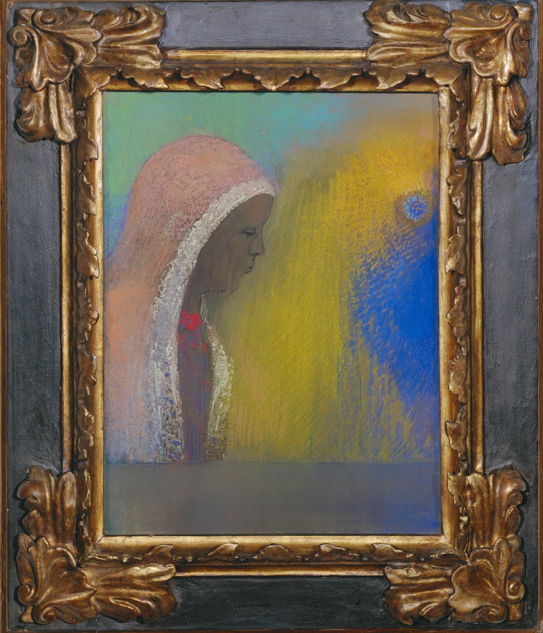 戴粉色面纱的女性侧面（纸上粉彩画） 作者 奥迪隆·雷顿（Odilon Redon）