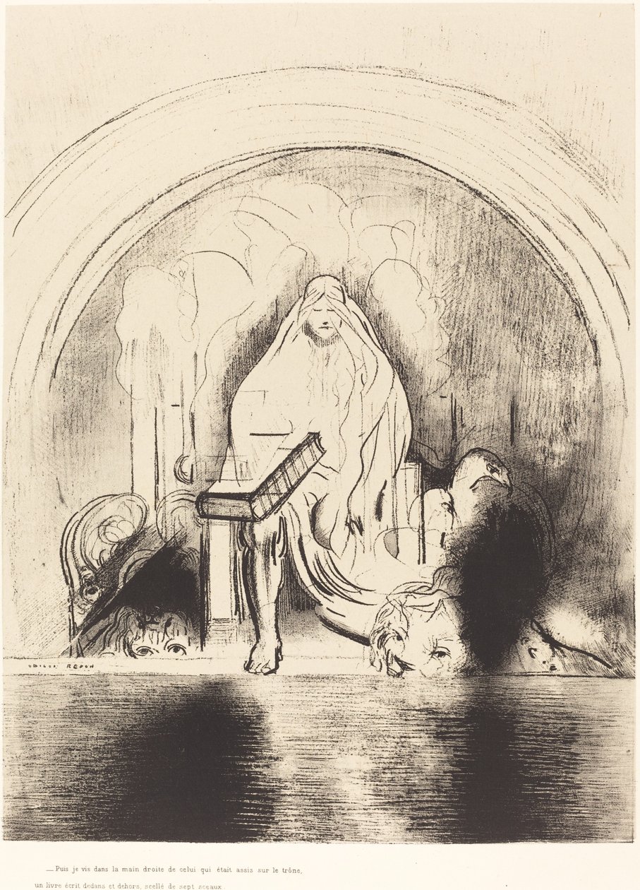 Puis je vis, dans la main droite de celui quietait assis sur le trone, un livre ecritdedans et dehors, scelle de sept sceaux (我又看见坐在宝座上那人的右手里有一本在里面和背面写的书，用七个印记密封) 作者 奥迪隆·雷顿（Odilon Redon）
