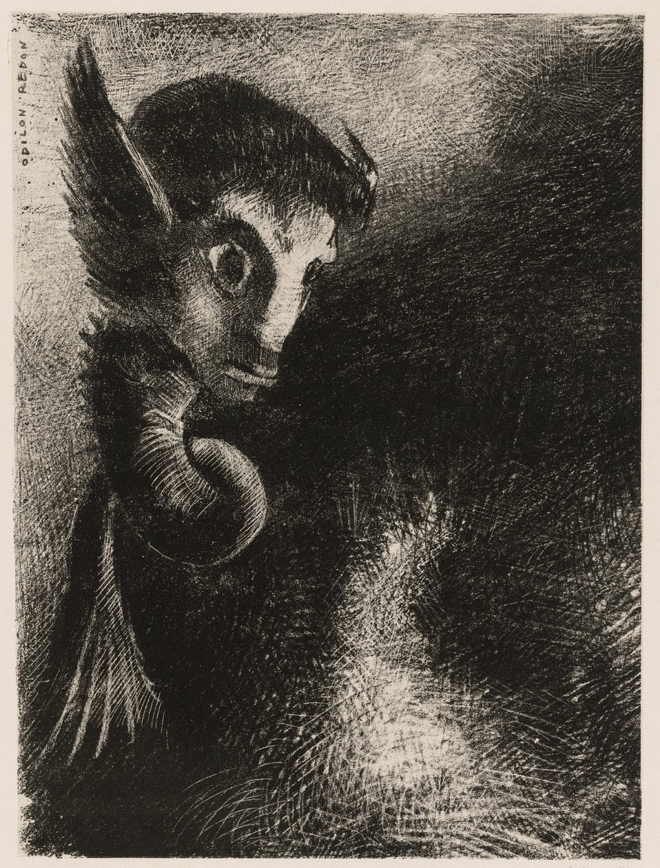 奇美拉恐惧地注视着万物，来自黑夜 作者 奥迪隆·雷顿（Odilon Redon）
