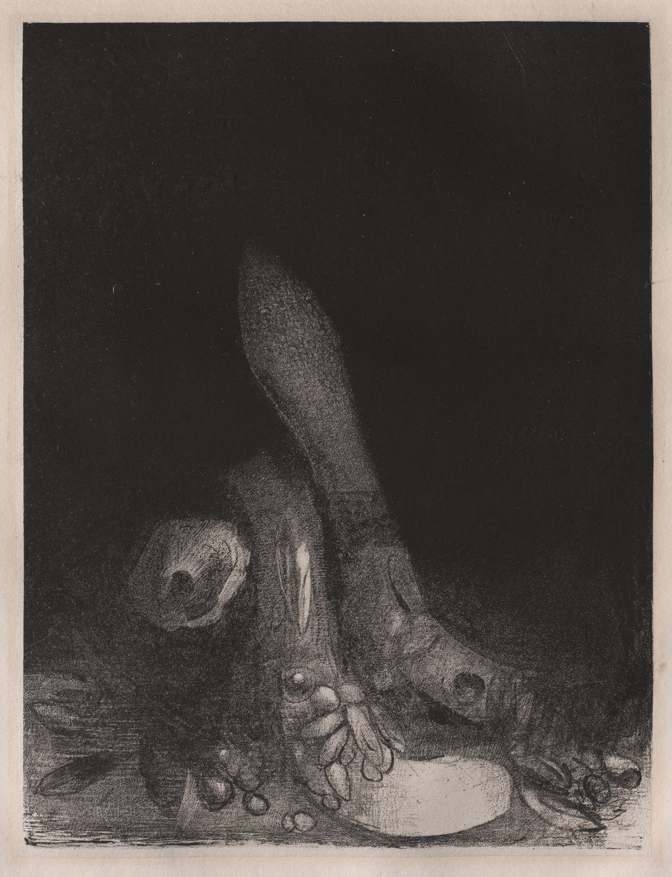 圣安东尼的诱惑：花落和巨蟒头出现，1896年。 作者 奥迪隆·雷顿（Odilon Redon）
