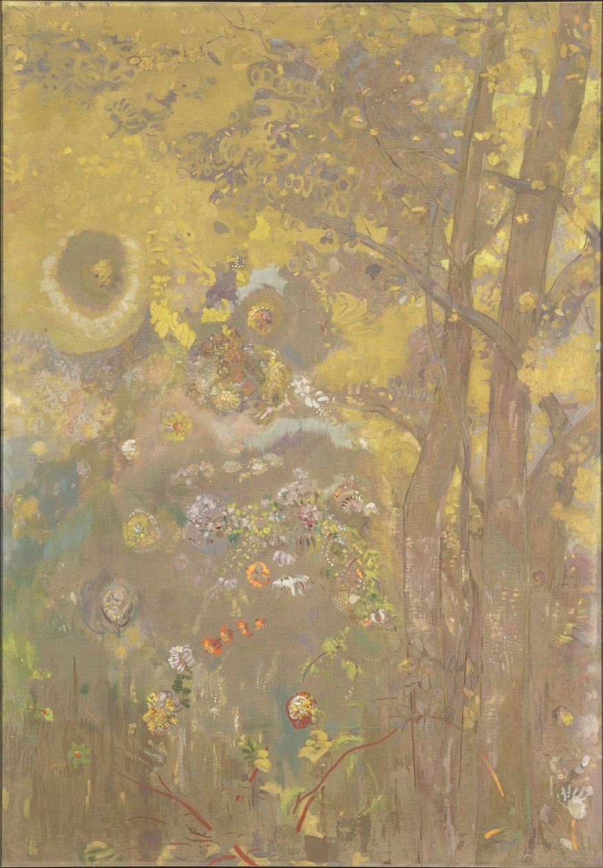 黄色背景上的树木，1901年 作者 奥迪隆·雷顿（Odilon Redon）