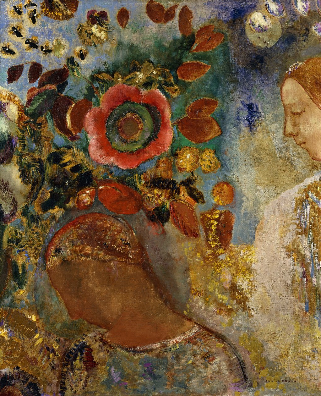 有花的两个女孩; 《盛开的两个年轻女孩》，1912年 作者 奥迪隆·雷顿（Odilon Redon）