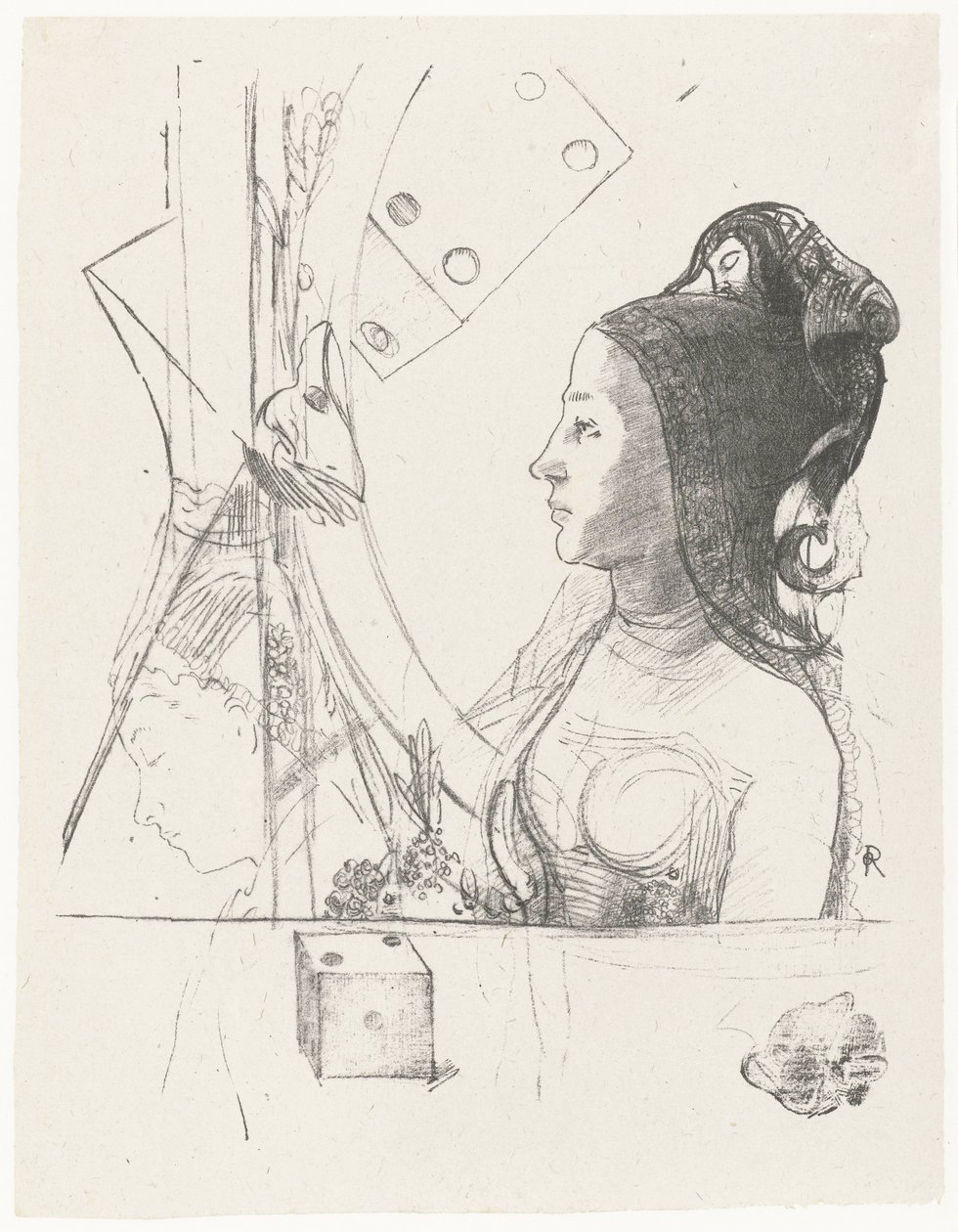 Vrouw en dobbelstenen
左侧剖面图中的女子，头戴鹤宁帽
Planches d