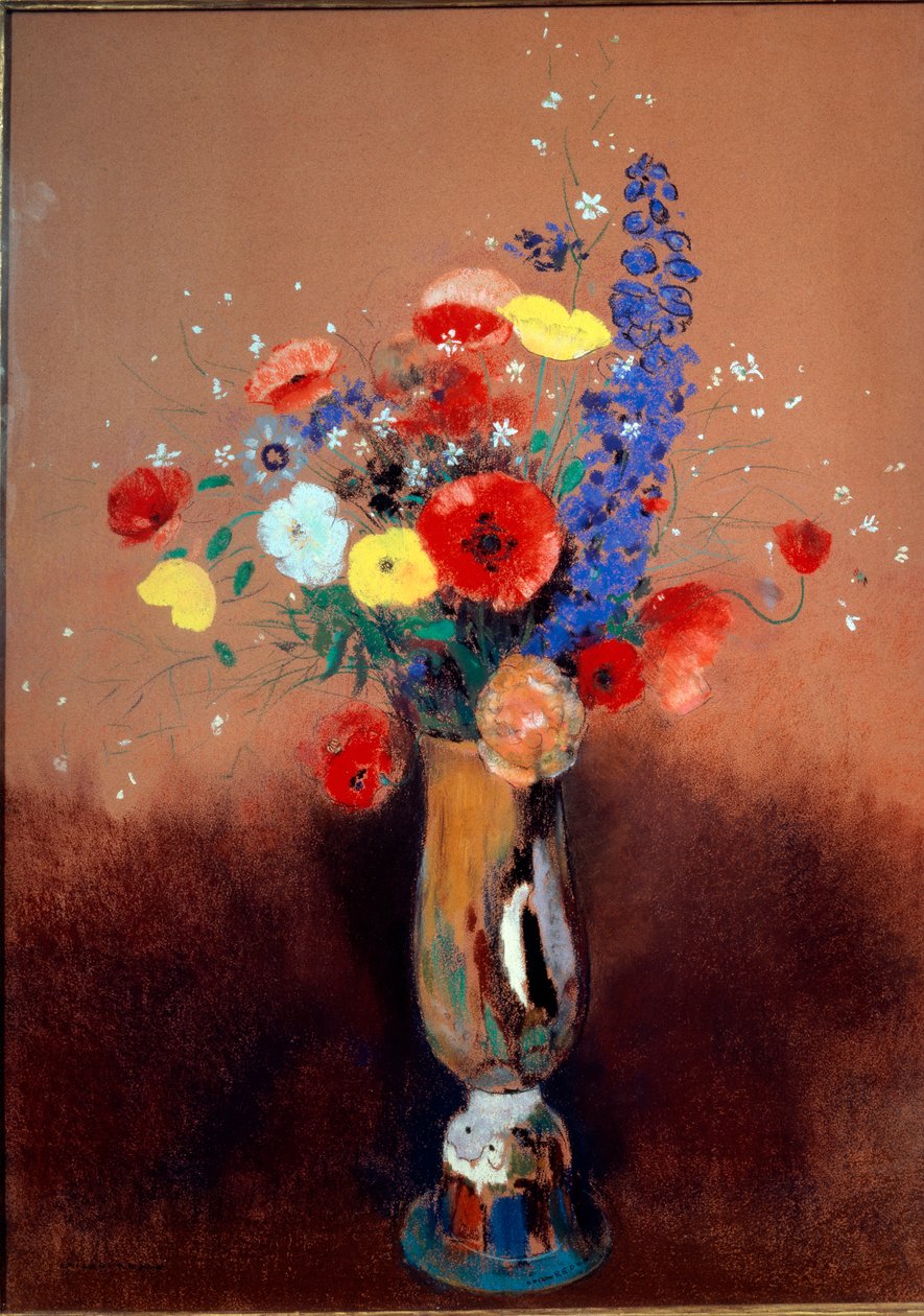 长颈花瓶中的野花，约 1912 年（纸上粉彩） 作者 奥迪隆·雷顿（Odilon Redon）
