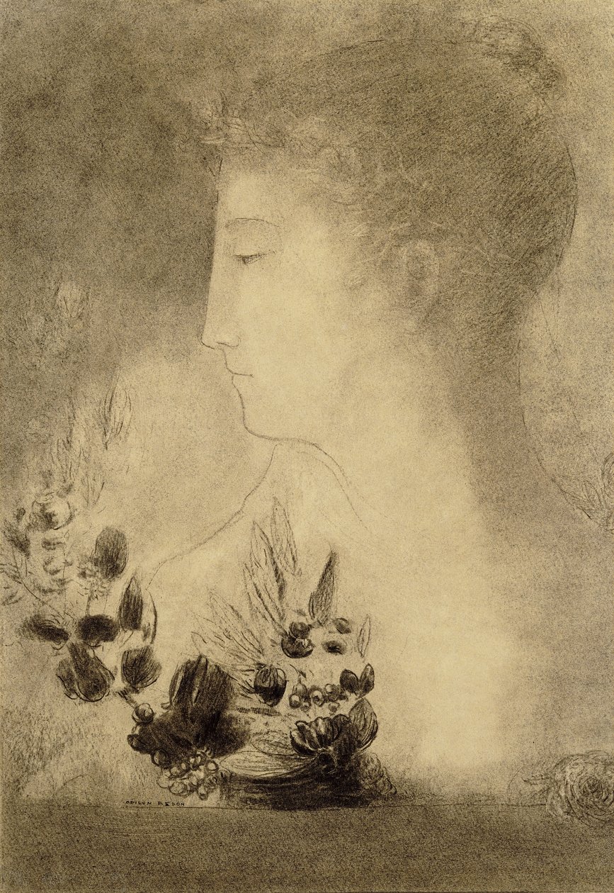 在配置文件中的女人与月桂花环；月桂花环的女人的个人资料， 作者 奥迪隆·雷顿（Odilon Redon）