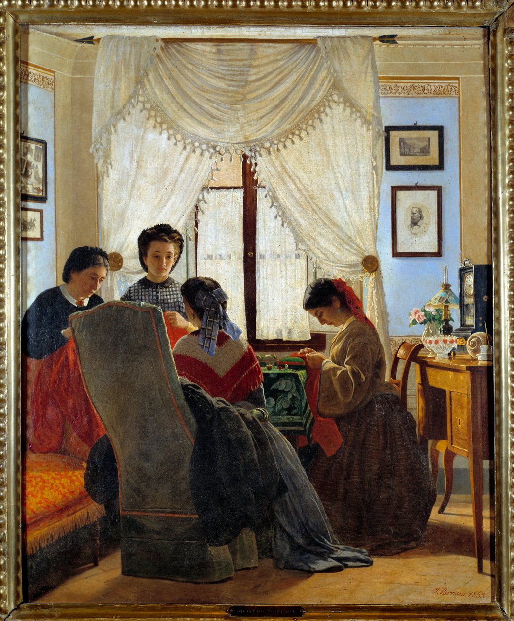 Risorgimento：“女性缝制红衬衫”，Odoardo Borrani 的绘画（1834-1905）1863 年私人收藏 作者 奥多亚多·波拉尼（Odoardo Borrani）