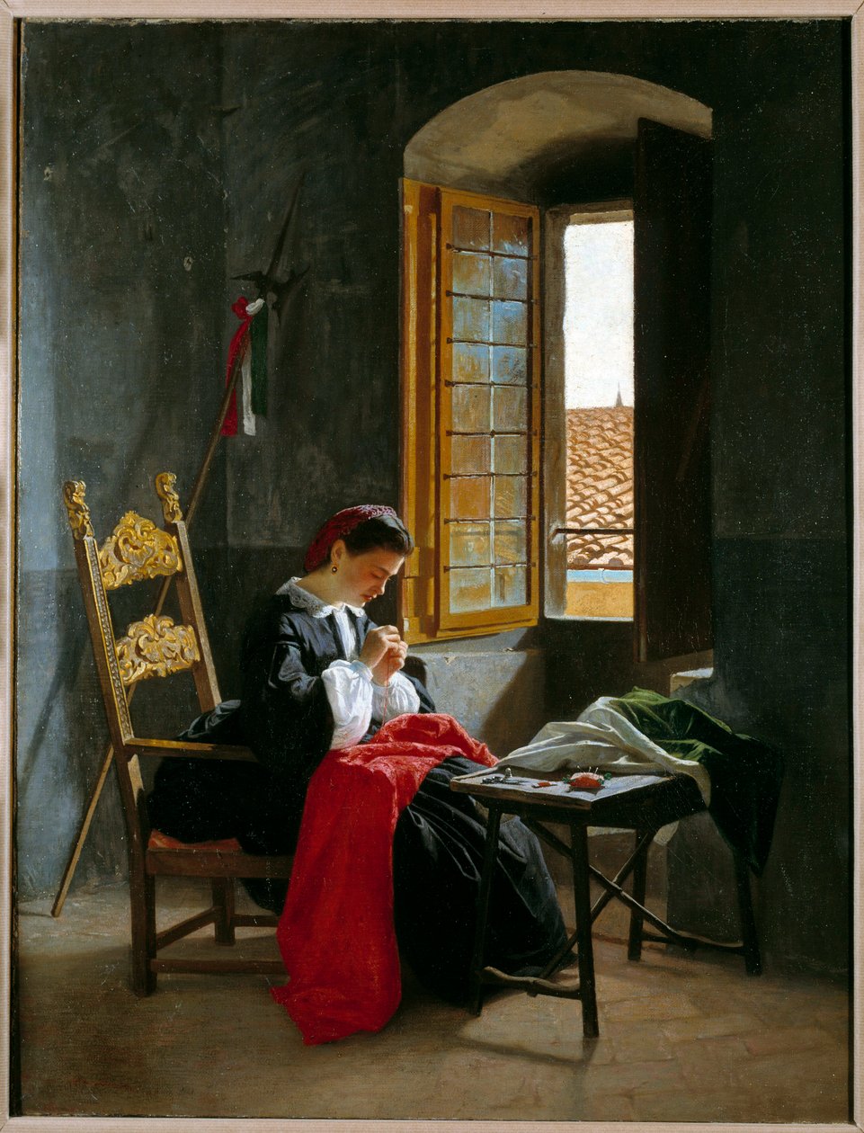 Risorgimento：“1859 年 4 月 26 日缝制意大利国旗的女人”Odoardo Borrani（1834-1905）1859 年米兰私人收藏的画作 作者 奥多亚多·波拉尼（Odoardo Borrani）