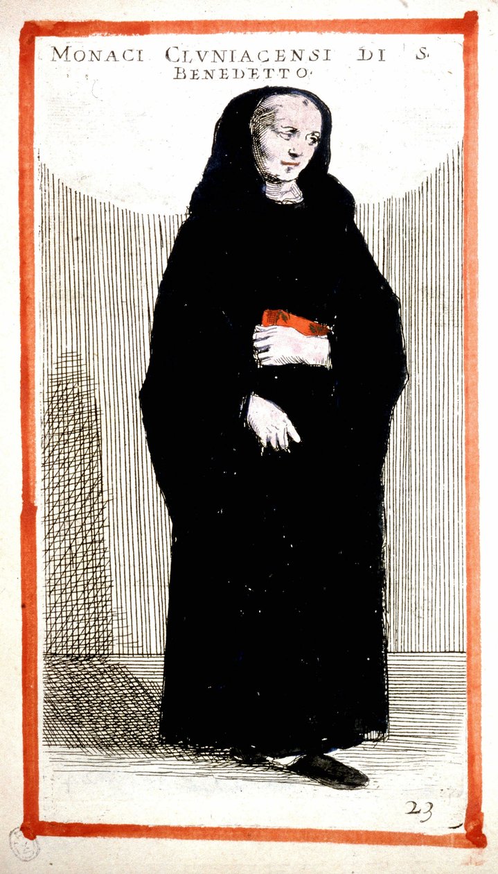 宗教团体：克鲁尼修道院（Cluniian）的修士。16世纪的雕版画。据O. Fialetti说。 作者 奥多亚多·菲亚莱蒂（Odoardo Fialetti）