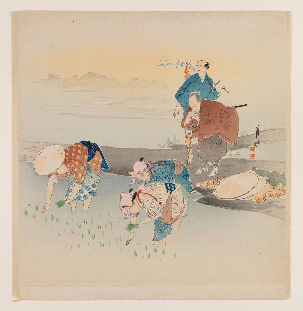 男人和女人种植水稻，c.1890-1910（木版彩色印刷） 作者 绪方壁虎