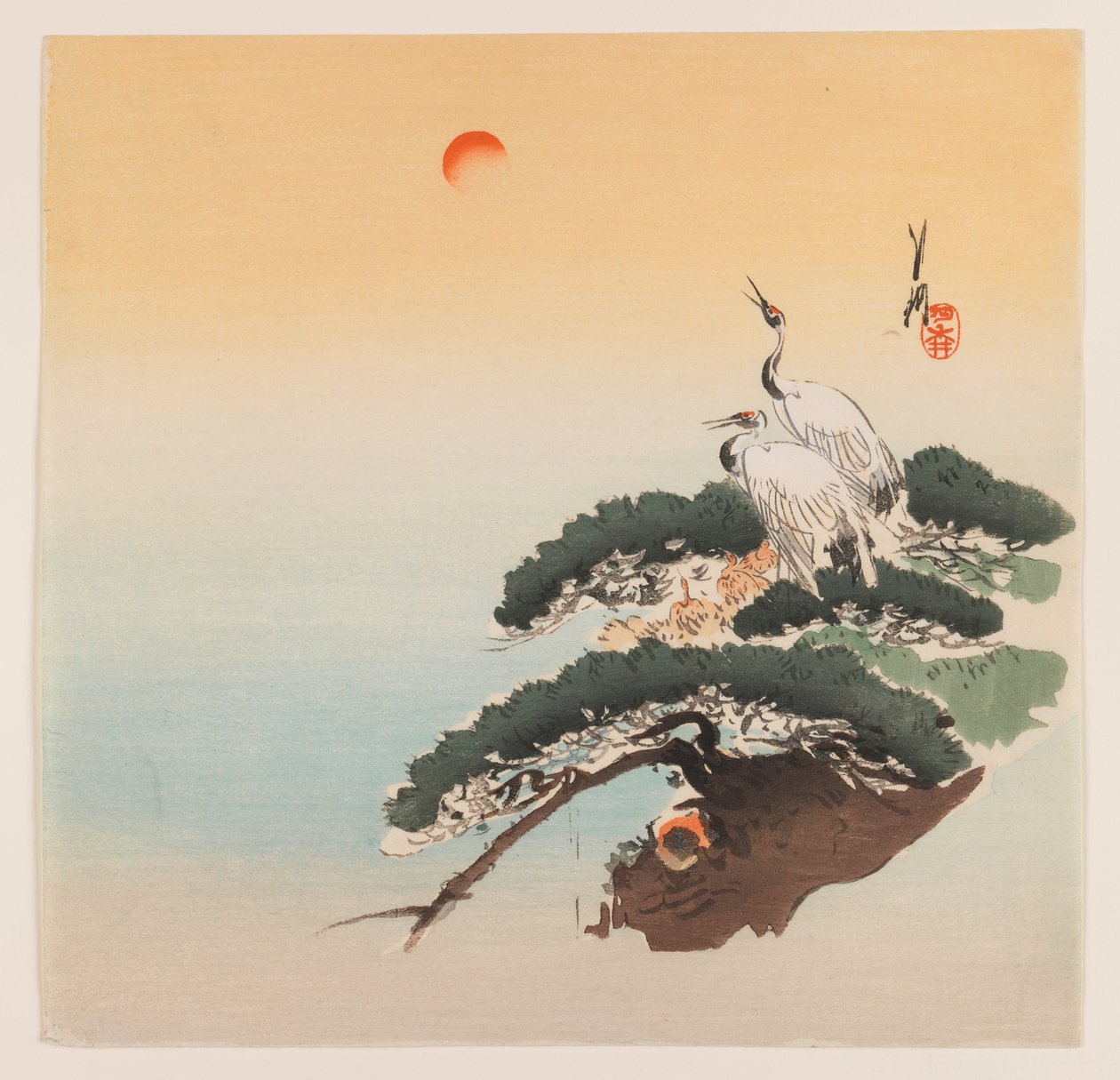 一对树枝上的起重机，c.1890-1910（木版彩色印刷） 作者 绪方壁虎