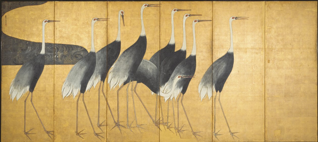 六面板画面描绘了江户时代的起重机（墨水，颜色，金色和银色在纸上） 作者 绪方光琳