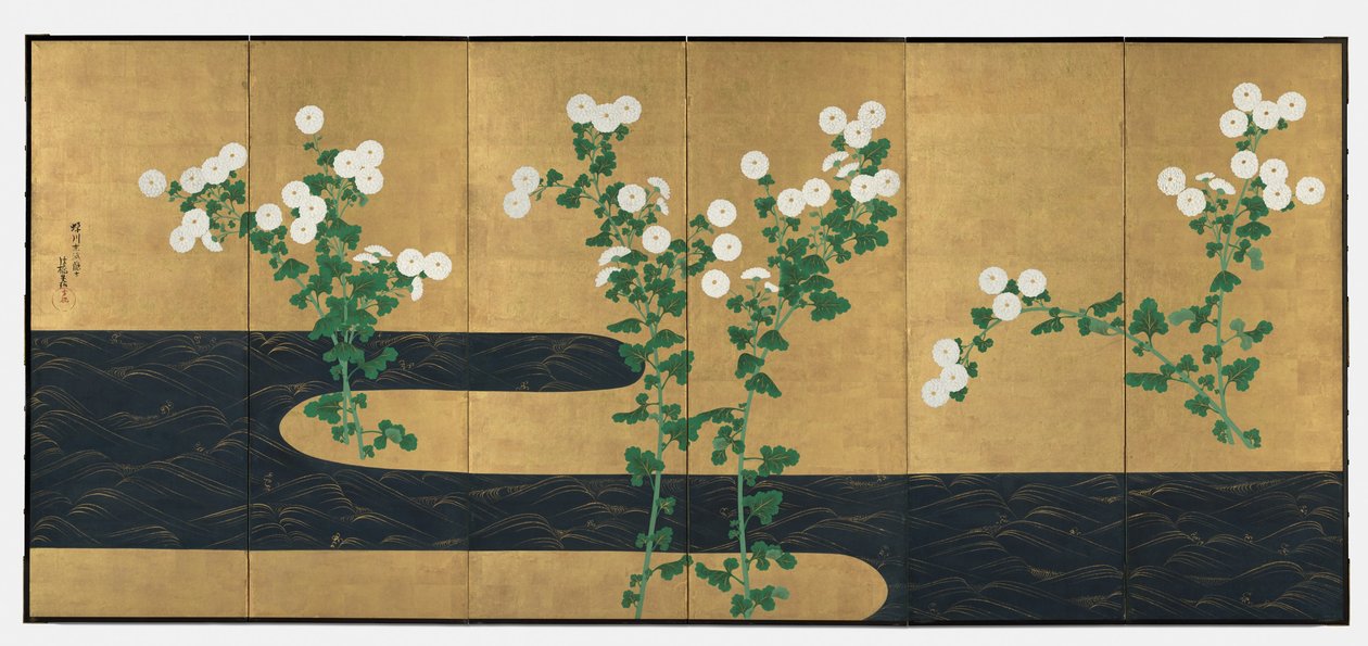 《溪边菊花》一对六屏屏风，1700 年代末至 1800 年代初（金纸设色） 作者 Ogata（追随者）Korin