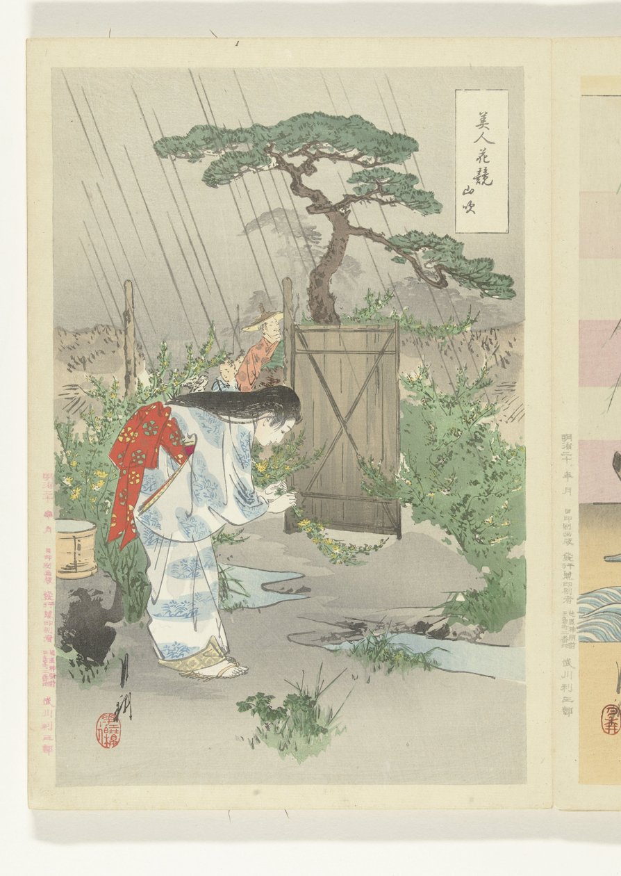 俯身在山吹树丛中的女子
山吹（物体上的标题）
美人与花的比较（系列标题）
美人花"（物上的系列标题） 作者 绪方壁虎