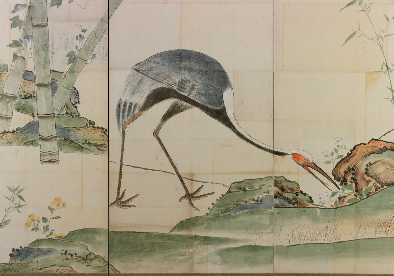 起重机，松树和竹子，17世纪，一对折叠屏幕（纸上的墨水和浅色） 作者 绪方光琳