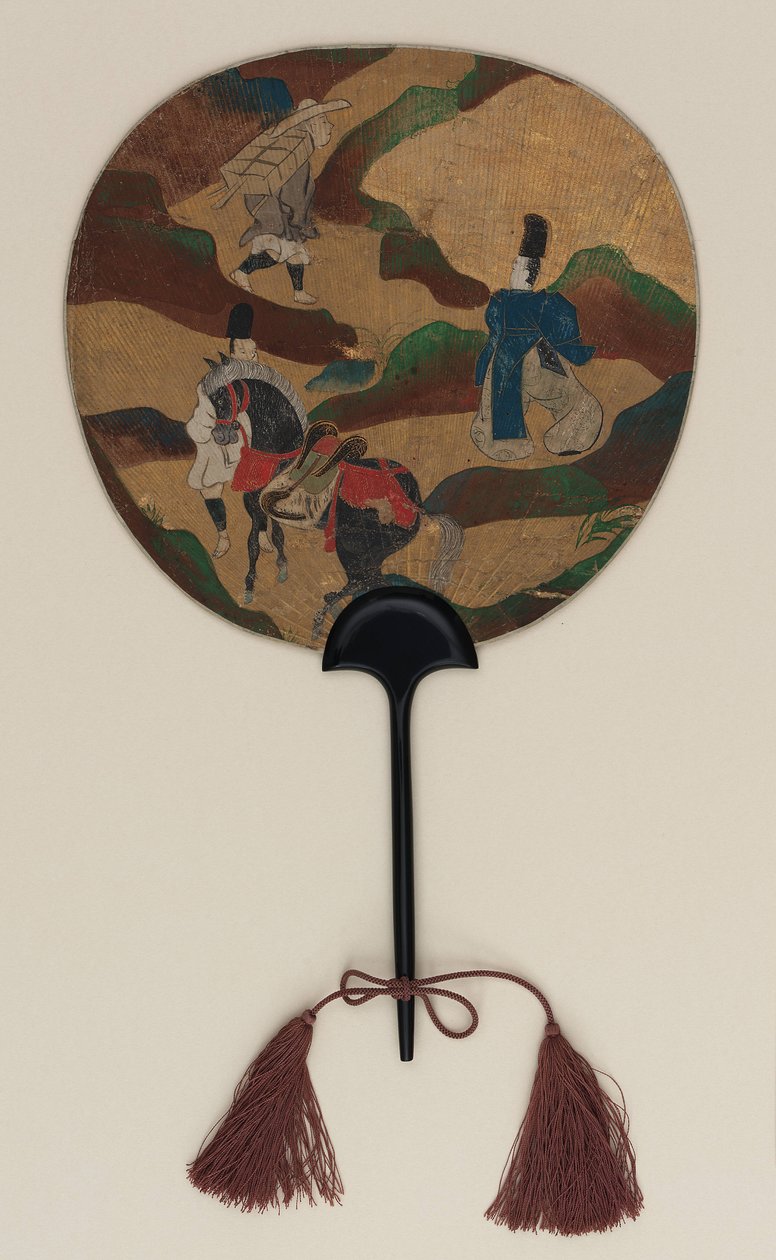 扇子;纳里拉（Narihira）和朝圣者的一侧；另一方面，菊花和小溪，江户时代，17世纪末至18世纪初（纸上的墨水，彩色和金色） 作者 绪方光琳